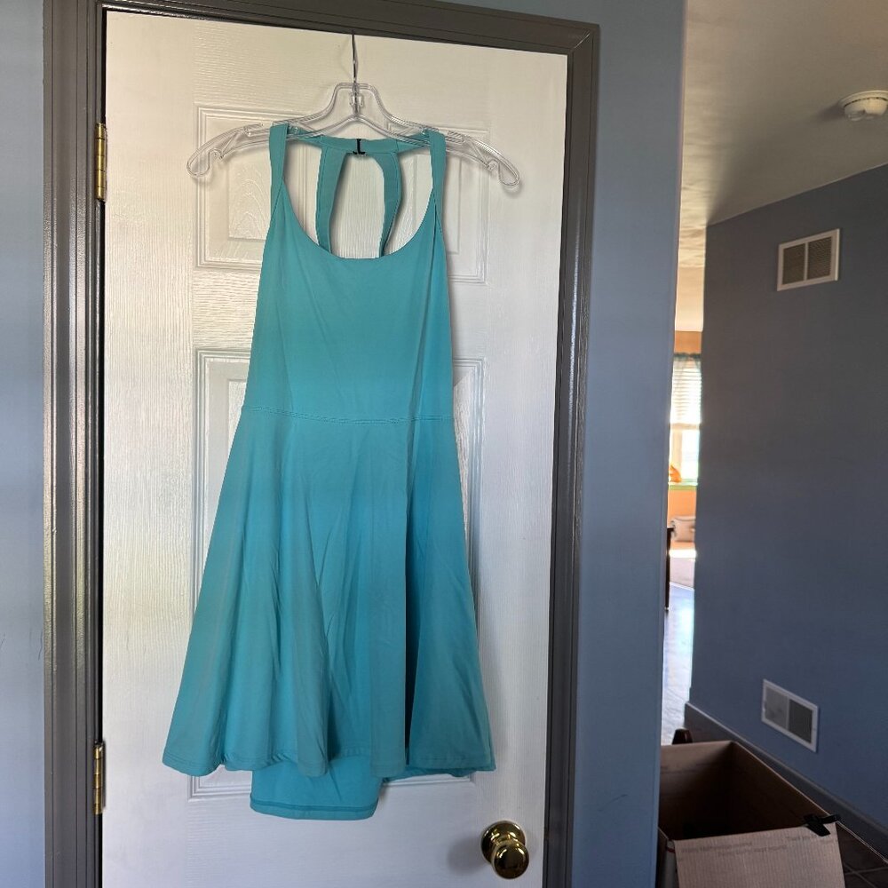 Size L Blue Halter Neck Dress Partial Open Back Skirted Bottom Fit & Flare